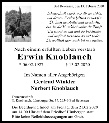 Traueranzeige von Erwin Knoblauch von Uelzen