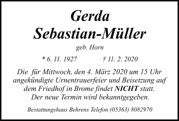 Traueranzeige von Gerda Sebastian-Müller von Uelzen