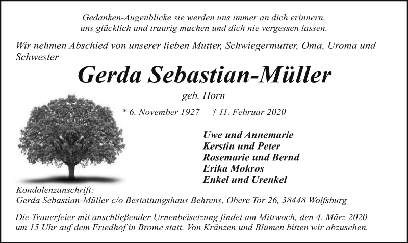  Traueranzeige für Gerda Sebastian-Müller vom 22.02.2020 aus Uelzen