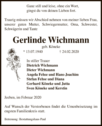 Traueranzeige von Gerlinde Wichmann von Uelzen