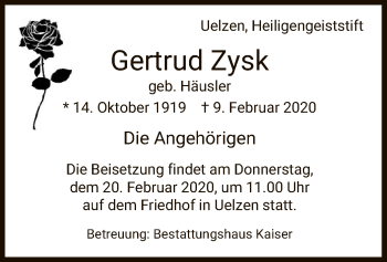 Traueranzeige von Gertrud Zysk von Uelzen