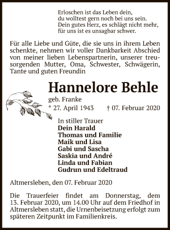 Traueranzeige von Hannelore Behle von Uelzen