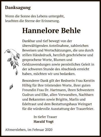 Traueranzeige von Hannelore Behle von Uelzen