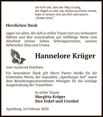 Traueranzeige von Hannelore Krüger von Uelzen