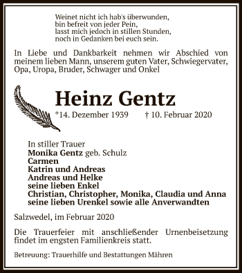 Traueranzeige von Heinz Gentz von Uelzen