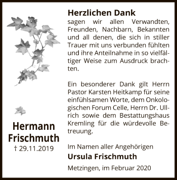 Traueranzeige von Hermann Frischmuth von Uelzen