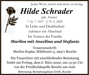 Traueranzeige von Hilde Schrader von Uelzen