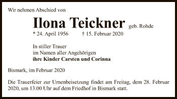 Traueranzeige von Ilona Teickner von Uelzen