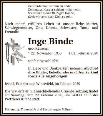 Traueranzeige von Inge Binde von Uelzen