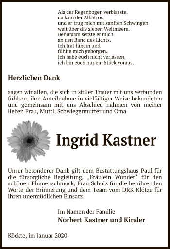 Traueranzeige von Ingrid Kastner von Uelzen