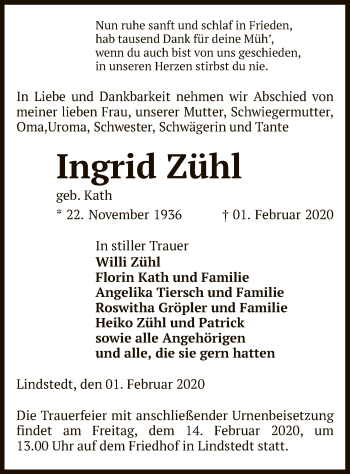 Traueranzeige von Ingrid Zühl von Uelzen