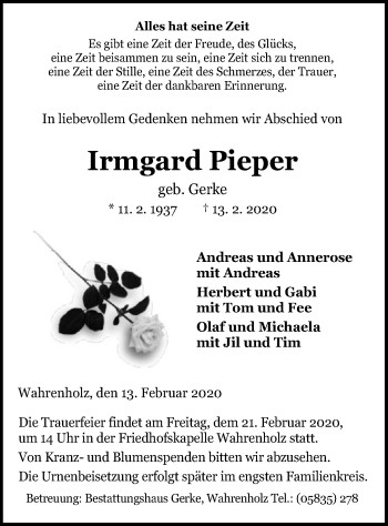 Traueranzeige von Irmgard Pieper von Uelzen