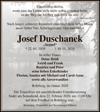 Traueranzeige von Josef Duschanek von Uelzen