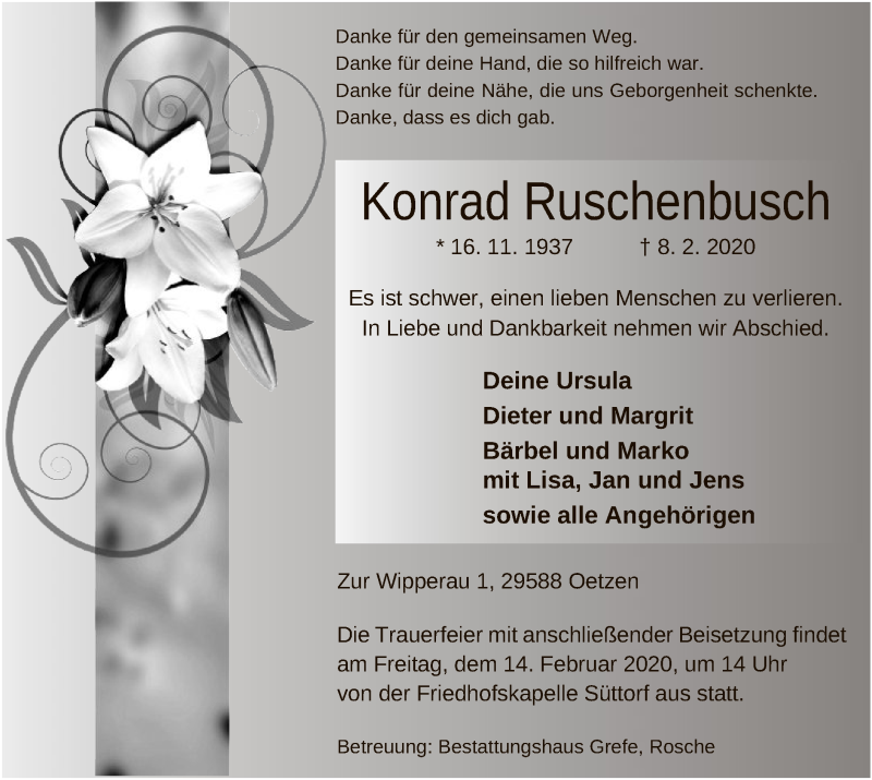  Traueranzeige für Konrad Ruschenbusch vom 11.02.2020 aus Uelzen