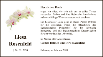 Traueranzeige von Liesa Rosenfeld von Uelzen