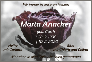 Traueranzeige von Marta Anacker von Uelzen