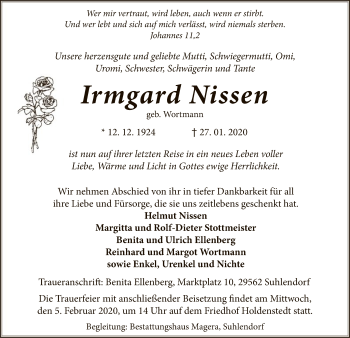 Traueranzeige von Nissen Irmgard von Uelzen