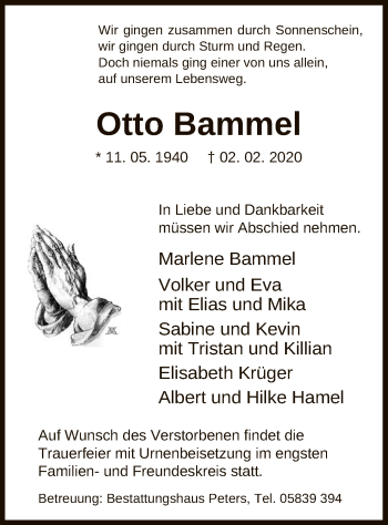 Traueranzeige von Otto Bammel von Uelzen