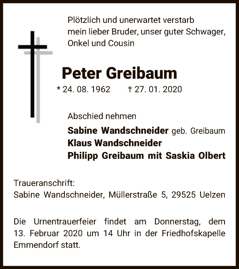  Traueranzeige für Peter Greibaum vom 08.02.2020 aus Uelzen
