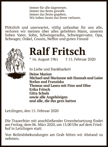 Traueranzeige von Ralf Fritsch von Uelzen