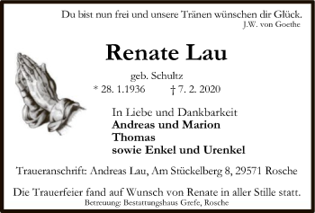 Traueranzeige von Renate Lau von Uelzen