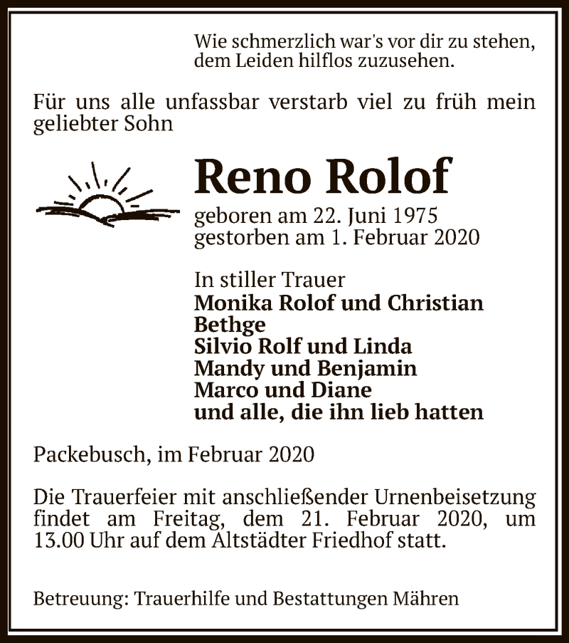  Traueranzeige für Reno Rolof vom 05.02.2020 aus Uelzen