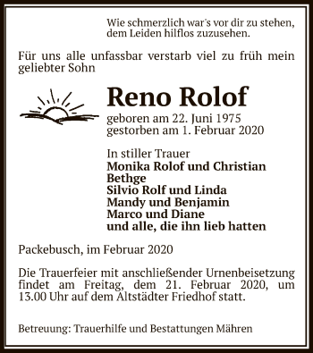 Traueranzeige von Reno Rolof von Uelzen