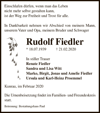 Traueranzeige von Rudolf Fiedler von Uelzen