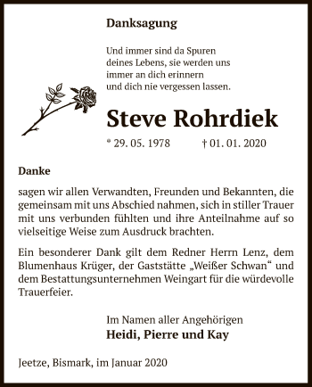 Traueranzeige von Steve Rohrdiek von Uelzen