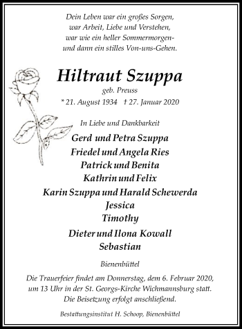 Traueranzeige von Szuppa Hiltraut von Uelzen