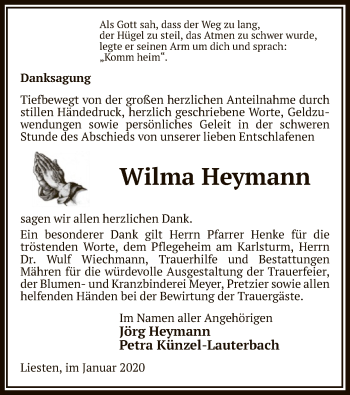 Traueranzeige von Wilma Heymann von Uelzen