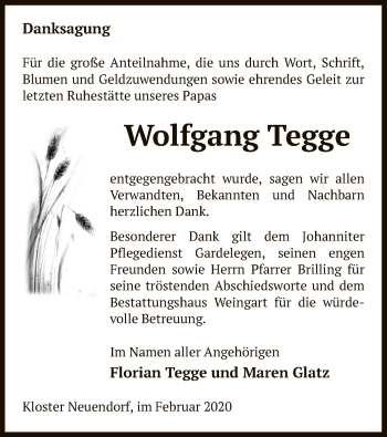 Traueranzeige von Wolfgang Tegge von Uelzen