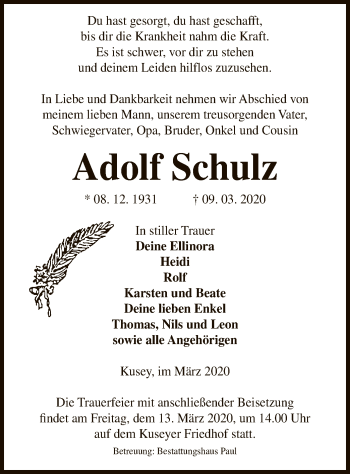 Traueranzeige von Adolf Schulz von Uelzen