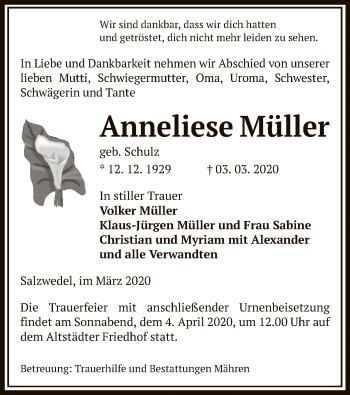 Traueranzeige von Anneliese Müller von Uelzen