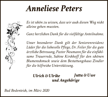Traueranzeige von Anneliese Peters von Uelzen