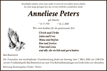 Traueranzeige von Anneliese Peters von Uelzen