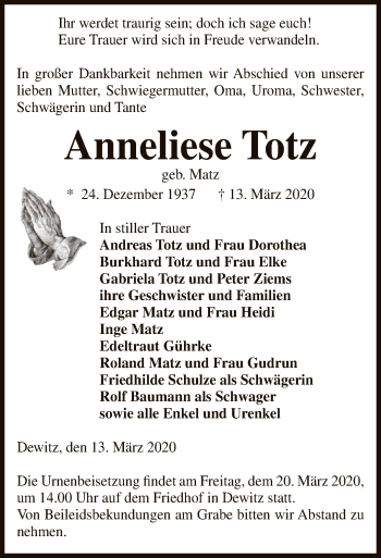 Traueranzeige von Anneliese Totz von Uelzen