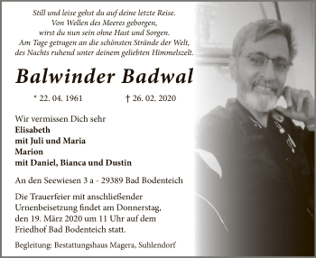 Traueranzeige von Balwinder Badwal von Uelzen