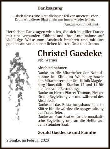 Traueranzeige von Christel Gaedeke von Uelzen