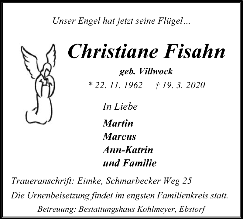  Traueranzeige für Christiane Fisahn vom 21.03.2020 aus Uelzen