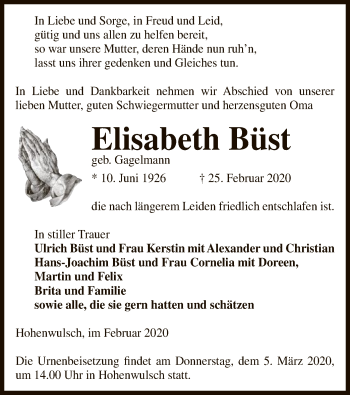 Traueranzeige von Elisabeth Büst von Uelzen