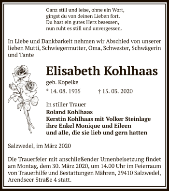 Traueranzeige von Elisabeth Kohlhaas von Uelzen