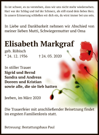 Traueranzeige von Elisabeth Markgraf von Uelzen