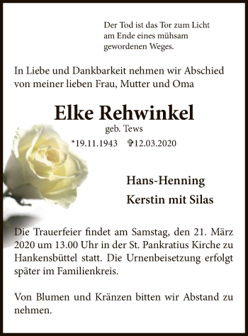 Traueranzeige von Elke Rehwinkel von Uelzen