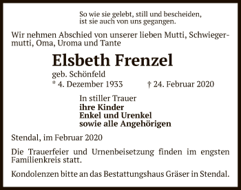 Traueranzeige von Elsbeth Frenzel von Uelzen