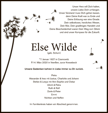 Traueranzeige von Else Wilde von Uelzen