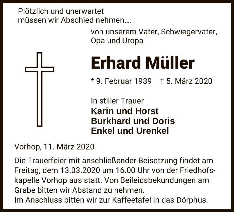  Traueranzeige für Erhard Müller vom 11.03.2020 aus Uelzen