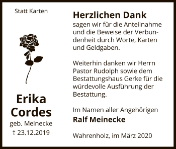 Traueranzeige von Erika Cordes von Uelzen