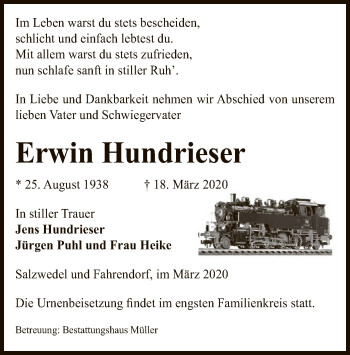 Traueranzeige von Erwin Hundrieser von Uelzen