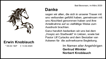 Traueranzeige von Erwin Knoblauch von Uelzen
